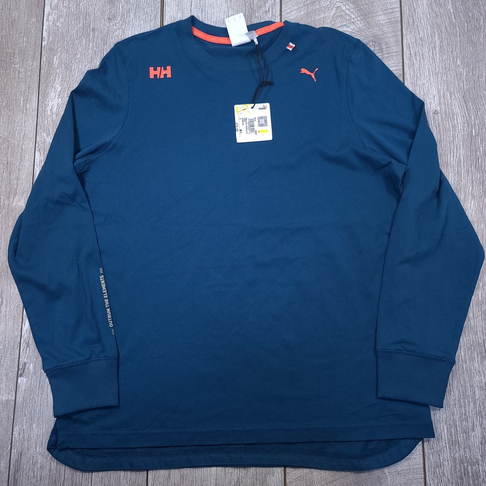 Puma x Helly Hansen Long Sleeve Tee Men Medium Intense Blue Multi-Logo Graphic